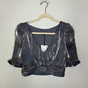 Zara Gray and Silver Metallic Women's Cropped Blouse Medium